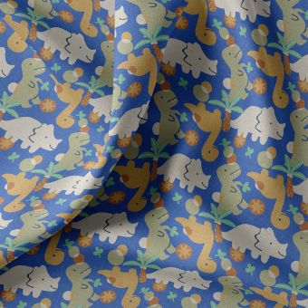 Tissu cretonne dinos bleu foncé