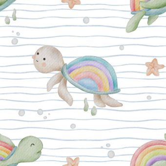Tissu Double Gaze Tortue De Mer Arc-en-ciel, coupon 1m x laize (145cm)