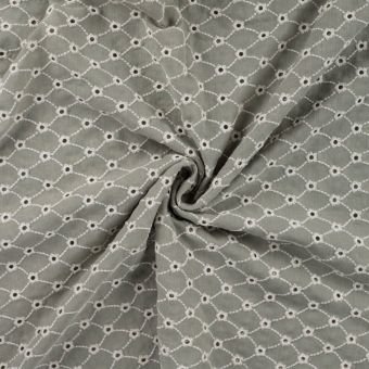 Tissu coton broderie anglaise fleurette vert kaki