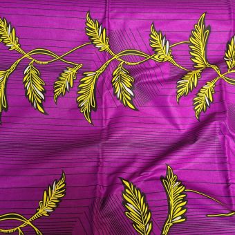 Tissu wax coton violet feuillages jaunes - Karabashop