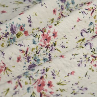 Tissu Seersucker coton viscose bouquet rose écru