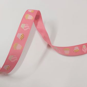 Ruban gros grain rose 16 mm motif gourmandise cake