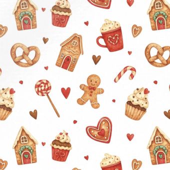 Tissu French Terry Noel Gourmandises Coeurs, coupon 1m x laize (145cm)