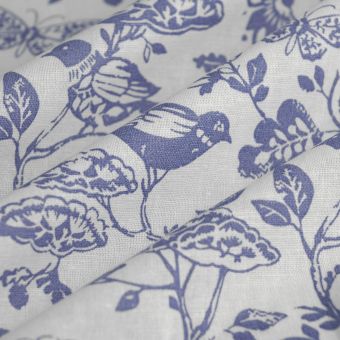 Tissu toile lin coton oiseau Jouy bleu écru