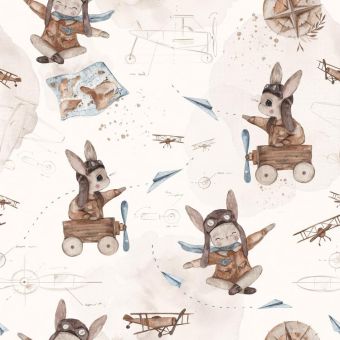 Tissu Coton Lapin Mignon Avion, coupon 1m x laize (155cm)