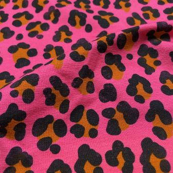 Maille jersey coton bio imprimé léopard rose et orange - Albstoffe