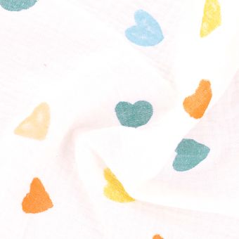 Tissu double gaze blanche cœurs pastel