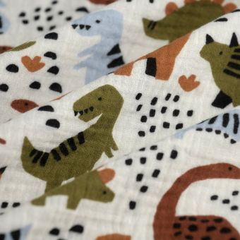 Tissu double gaze dino bleu brun