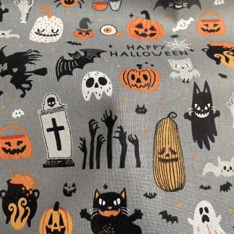 Toile coton Halloween épouvante gris