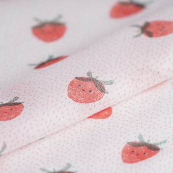 Tissu voile de coton écru fraises 