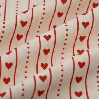 Tissu popeline coton rayures coeur rouge blanc