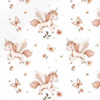 Tissu Impermeable Licorne Rose Papillons, coupon 1m x laize (155cm)