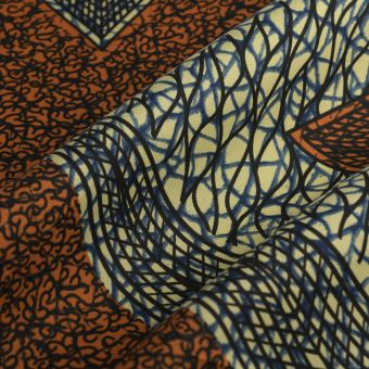 Tissu Wax grand carré géométrique écru bleu rouille