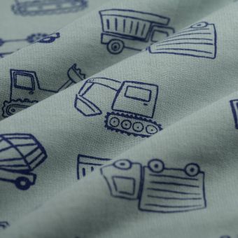 Tissu molleton engins chantier bleu vert