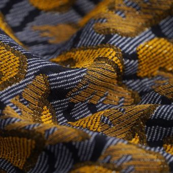 Tissu jacquard polyester recyclé géométrique bleu marine ocre