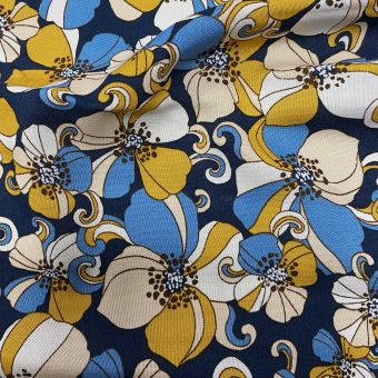 Tissu popeline viscose marine fleurs pop bleu et moutarde