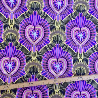 Tissu Wax pailleté violet imprimé Coeur - 50x120cm