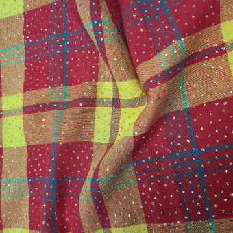 Tissu madras rouge jaune vert strass pailleté doré