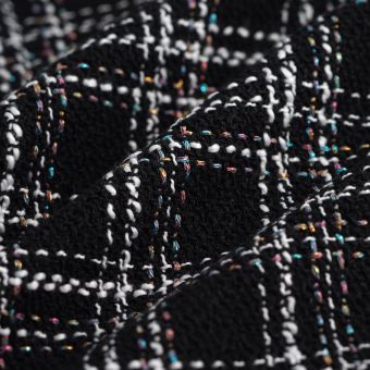 Tissu tweed polyester à carreaux écru noir