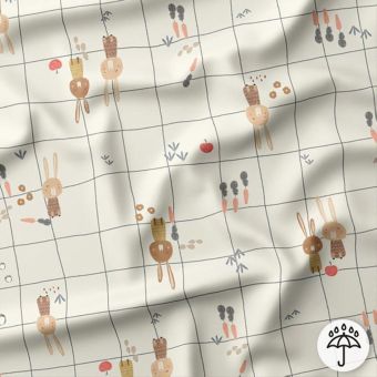 Tissu imperméable animaux mignons fond carreaux écru
