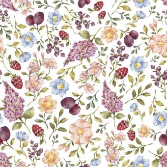 Tissu Minky lisse Fleurs et Fruits Blanc, coupon 1m x laize (150cm)