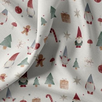 Tissu cretonne de Noël digital blanc lutin aquarellé