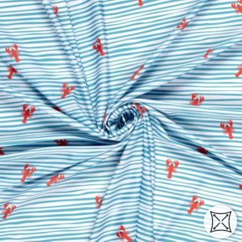 Tissu maillot de bain recyclé imprimé digital homard fond rayé bleu