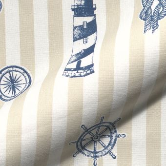 Tissu bachette semi panama rayée beige et blanc motifs marins