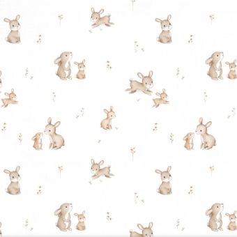 Tissu Impermeable Bebe Lapin avec Maman Blanc, coupon 1m x laize (155cm)