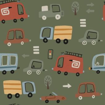 Tissu Softshell Voitures Arbres Vert, coupon 1m x laize (145cm)