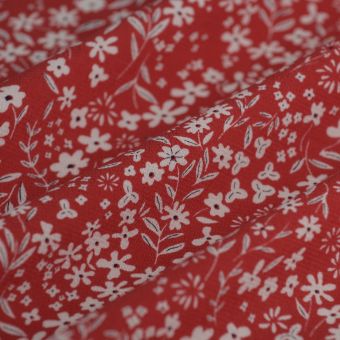 Tissu crêpe viscose fleur feuille blanc rouge