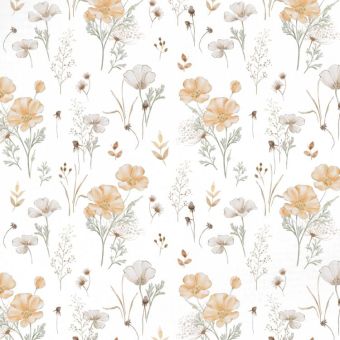 Tissu Double Gaze Fleurs Coquelicots Oranges et Beiges, coupon 1m x laize (145cm)