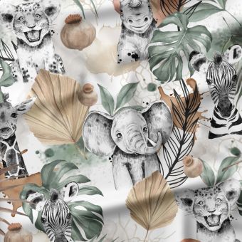 Tissu French Terry "Savane Africaine" – éléphant, zèbre, lionceau