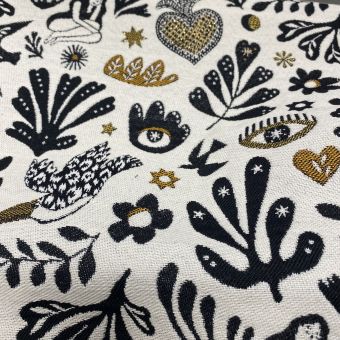 Tissu jacquard Mage univers mystique écru noir