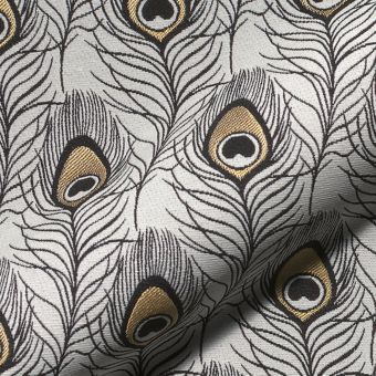 Tissu jacquard épais blanc plumes paon noir et doré