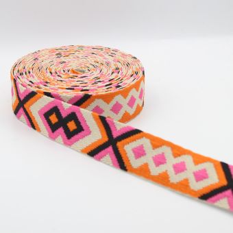 Sangle ethnique geometrique fuchsia orange taupe 36mm