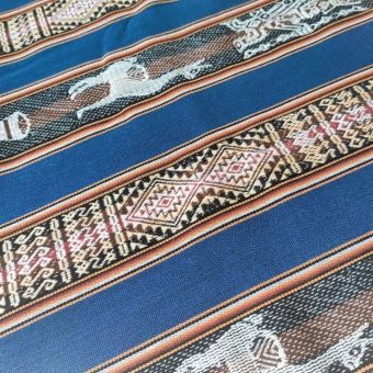 Tissu andin LLAMAS & QUEROS – Textile artisanal BLEU au mètre – Pérou authentique