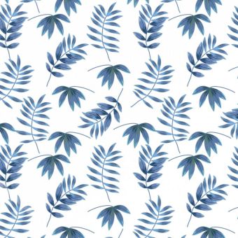 Tissu Impermeable Feuille Tropicale Bleu et Blanc, coupon 1m x laize (155cm)