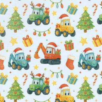 Tissu French Terry Noel Camion Tractopelle Bleu, coupon 1m x laize (145cm)