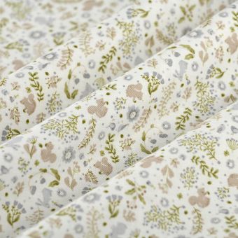 Tissu popeline coton écureuil lapin floral bleu