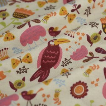 Tissu jersey coton oiseau fleuri multicolore