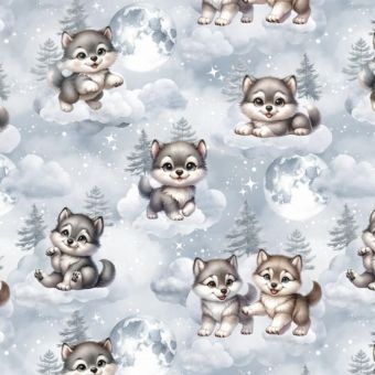 Tissu Impermeable Loup Mignon Lune Sapin, coupon 1m x laize (155cm)