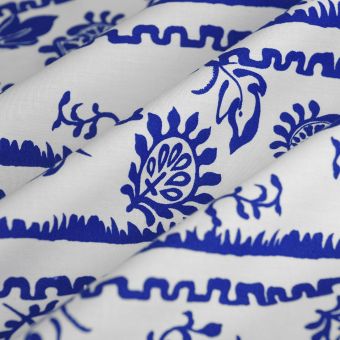 Tissu popeline coton feuillage ligne bleu blanc