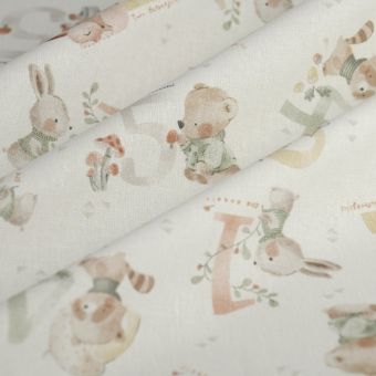 Tissu cretonne animaux chiffres blanc