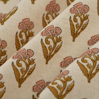 Tissu bachette lin coton fleur rose block print 
