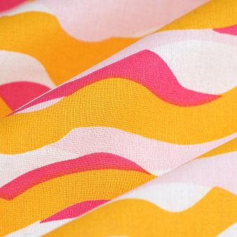 Tissu Cretonne vague rose moutarde