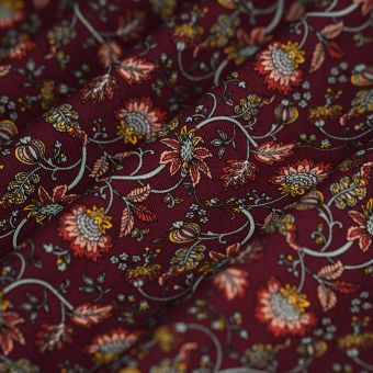 Tissu twill viscose fleurs Indienne bordeaux