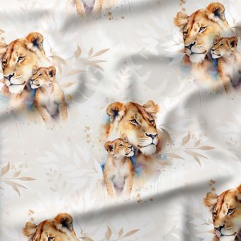 Tissu JERSEY coton "Lionne & Lionceau" – toile premium aquarelle savane
