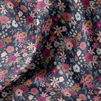 Tissu cretonne fleur naïve rose fond bleu