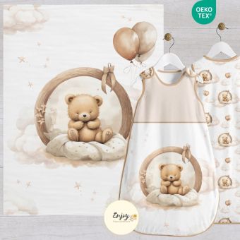 Panneau 100% Coton pour Couverture & Gigoteuse Bébé Animaux Ourson Nuages